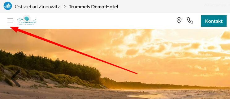 Screenshot einer Website mit einem Buttom zum Aufklappen der Navigation
