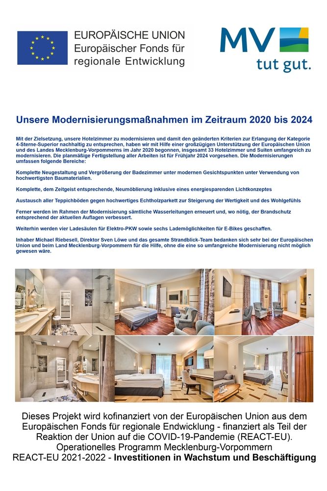 Plakat - Förderung der Neueinrichtung der Hotelzimmer und Bäder, Erneuerung der Wasserleitungen und Errichtung von Ladesäulen für E-Autos und E-Bikes durch den Europäischen Fonds für regionale Entwicklung