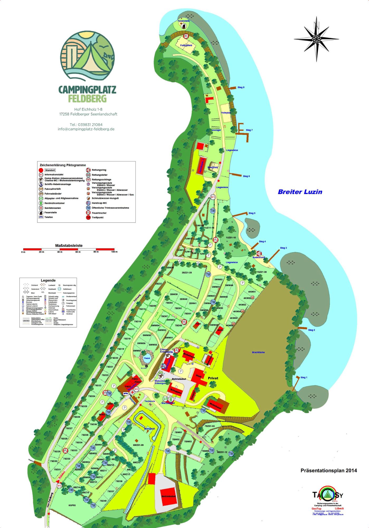 Lageplan mit eingezeichneten Stellplätzen und Ausstattung des Campingplatzes am Bauernhof in Feldberg
