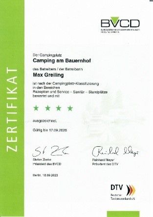 Zertifikat 4 Sterne vom Deutschen Tourismusverband