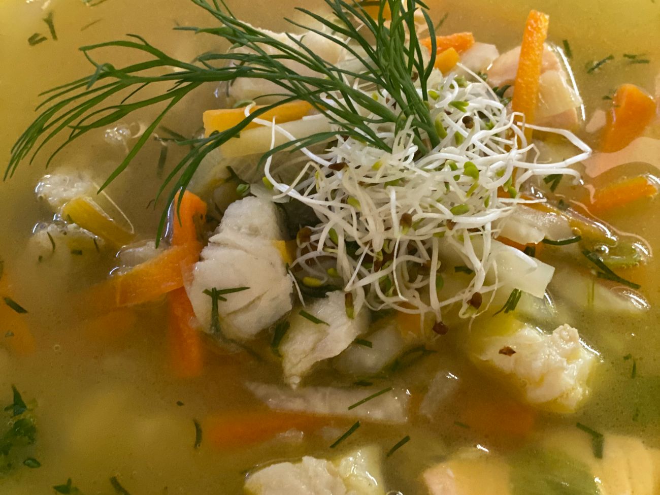 Klare Suppe mit Fisch und Gemüse