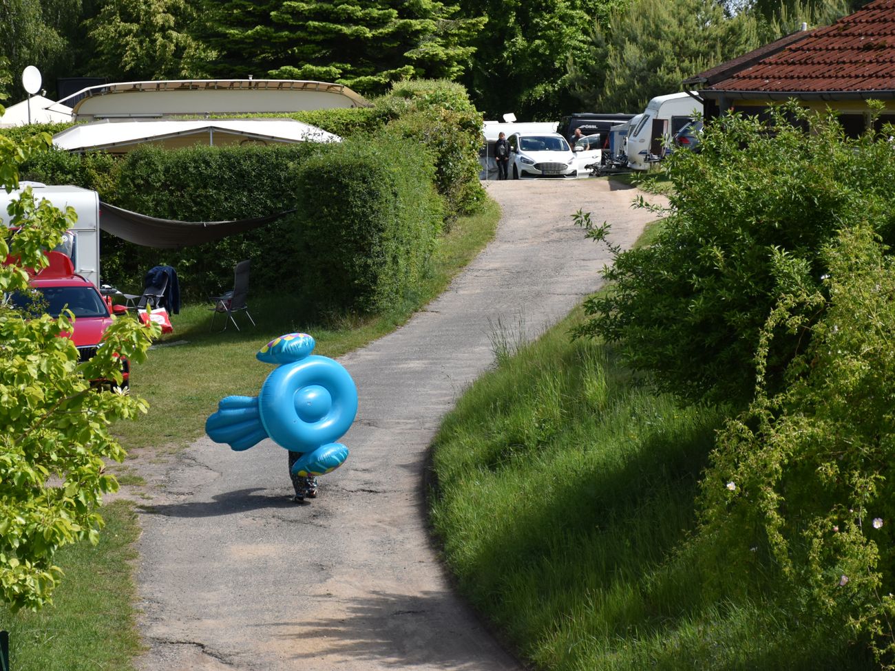eine Person trägt einen Schwimmreifen einen Weg hinauf