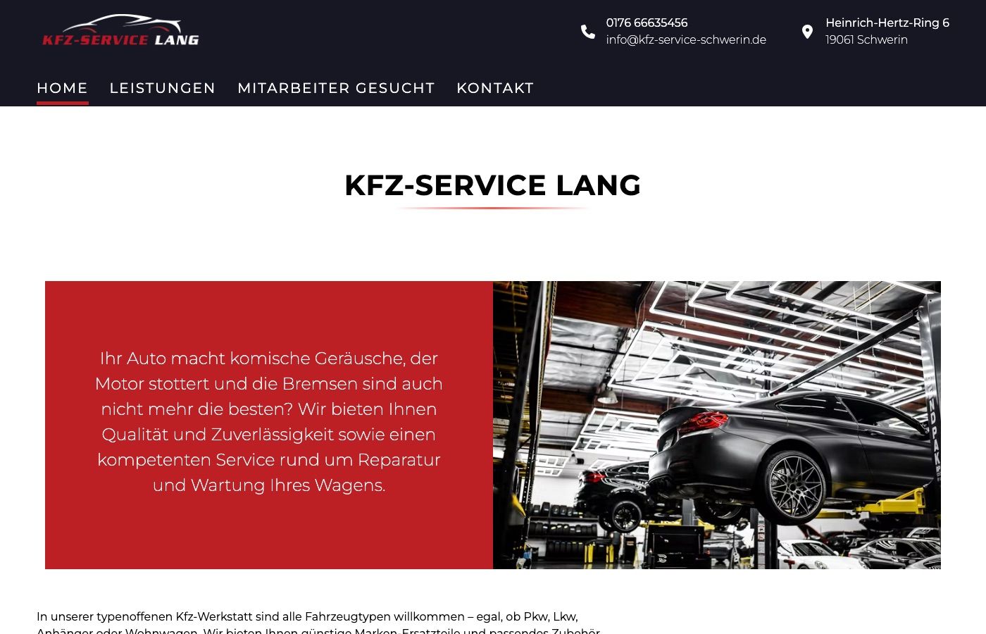 Startseite der Website von KFZ-Service Lang in Schwerin
