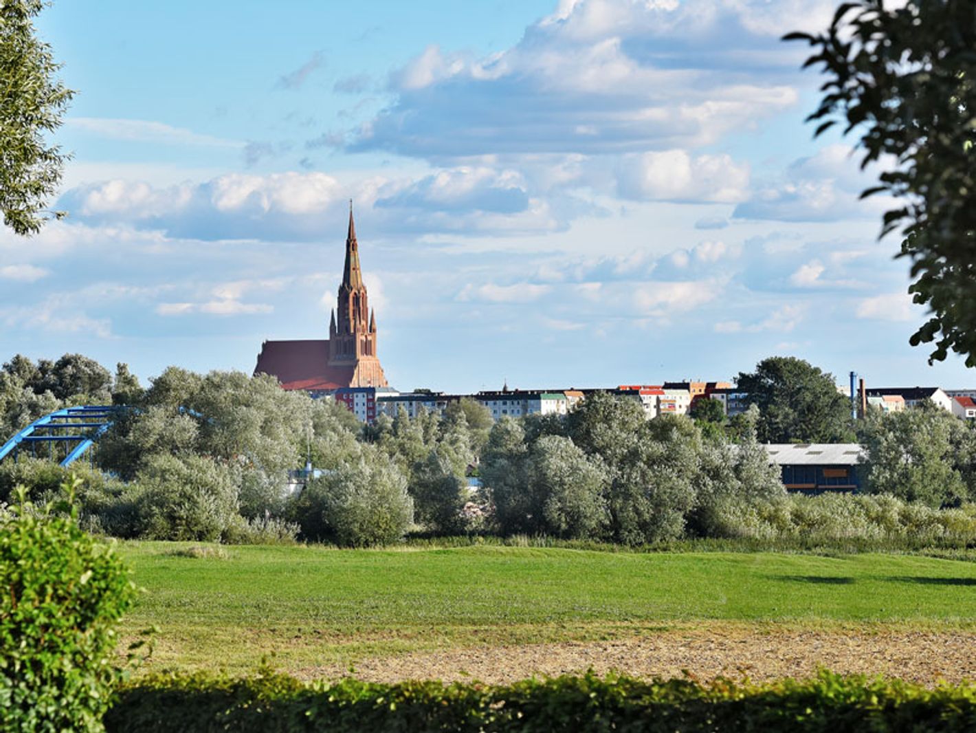 grüne Wiese mit kurzem Gras, im Hintergrund begrünte Bäume, eine Brücke mit blauem Metallgeländer und die Kirche von Demmin