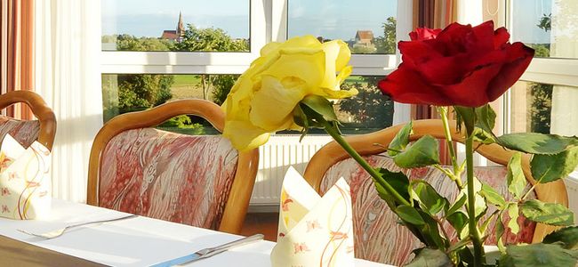 Helles, elegant eingerichtetes Esszimmer mit gedecktem Tisch. Darauf zwei Rosen – rot und gelb – in einer weißen Vase. Gemusterte Stühle, gefaltete Servietten und Pflanzen vor großen Fenstern schaffen eine warme, einladende Atmosphäre.