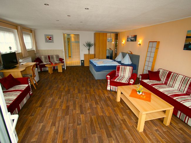 großes Zimmer mit Dopelbett, Couch & TV