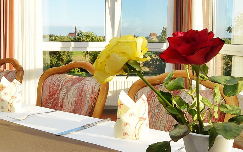 Helles, elegant eingerichtetes Esszimmer mit gedecktem Tisch. Darauf zwei Rosen – rot und gelb – in einer weißen Vase. Gemusterte Stühle, gefaltete Servietten und Pflanzen vor großen Fenstern schaffen eine warme, einladende Atmosphäre.