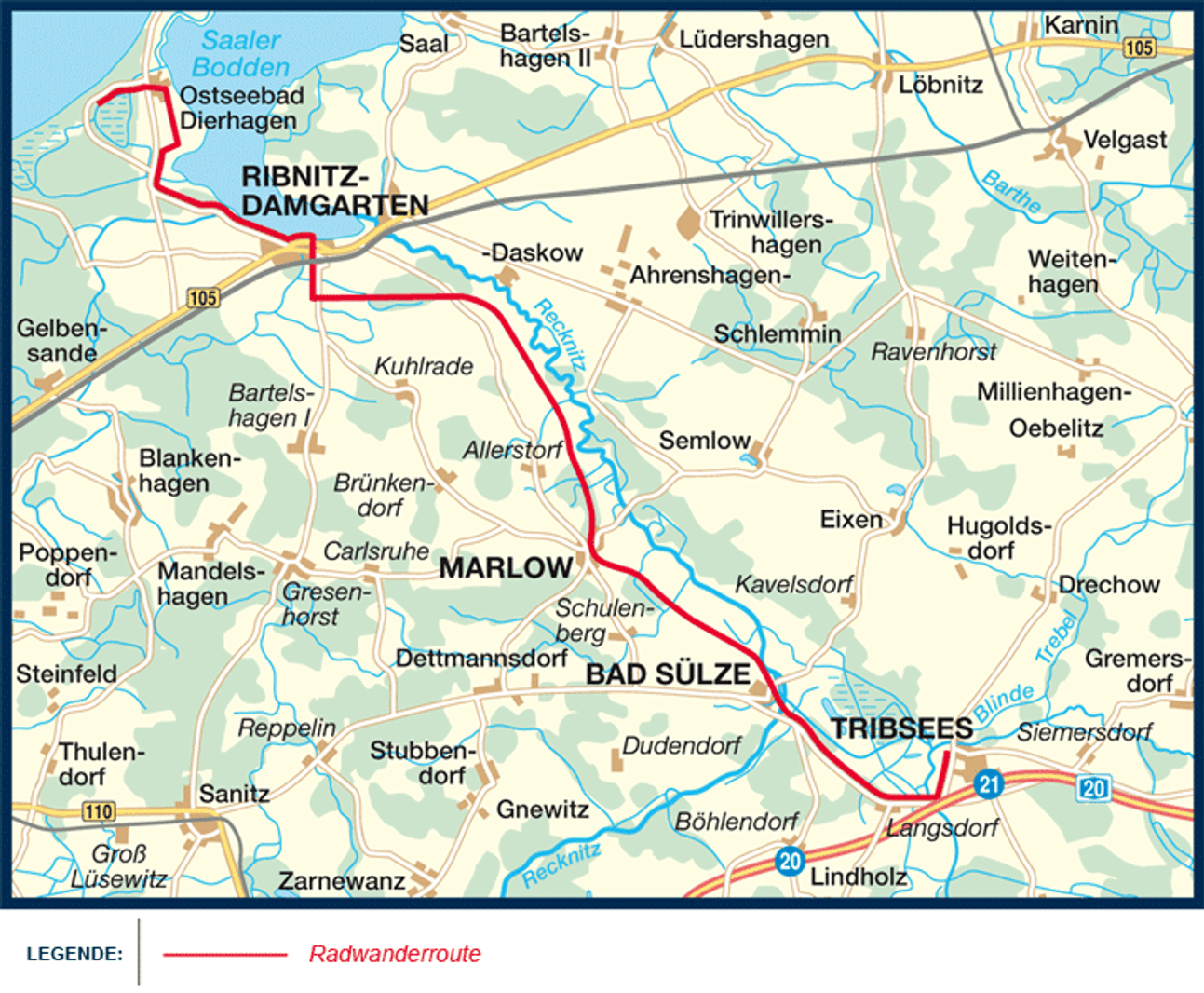 Eine Radtour planen entlang des Moorlehrpfades Richtung Tribsees